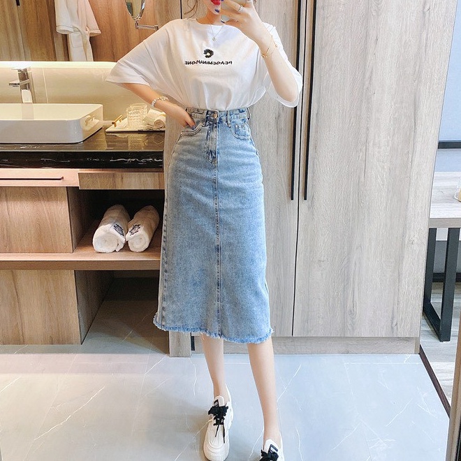 Chân váy jean dài qua gối màu xanh đá, phom chữ A nhẹ, lưng cao co dãn mạnh 3171 | Shopee Việt Nam