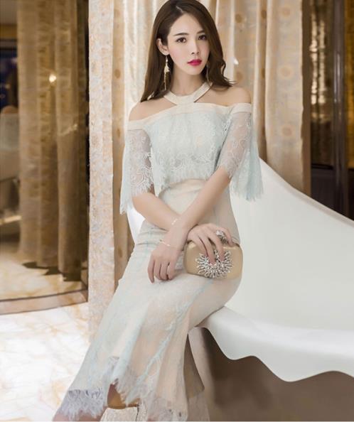 Đầm dự tiệc cổ yếm trễ vai - Hàn Quốc - ShiHang - Xanh, kem | Muasam24