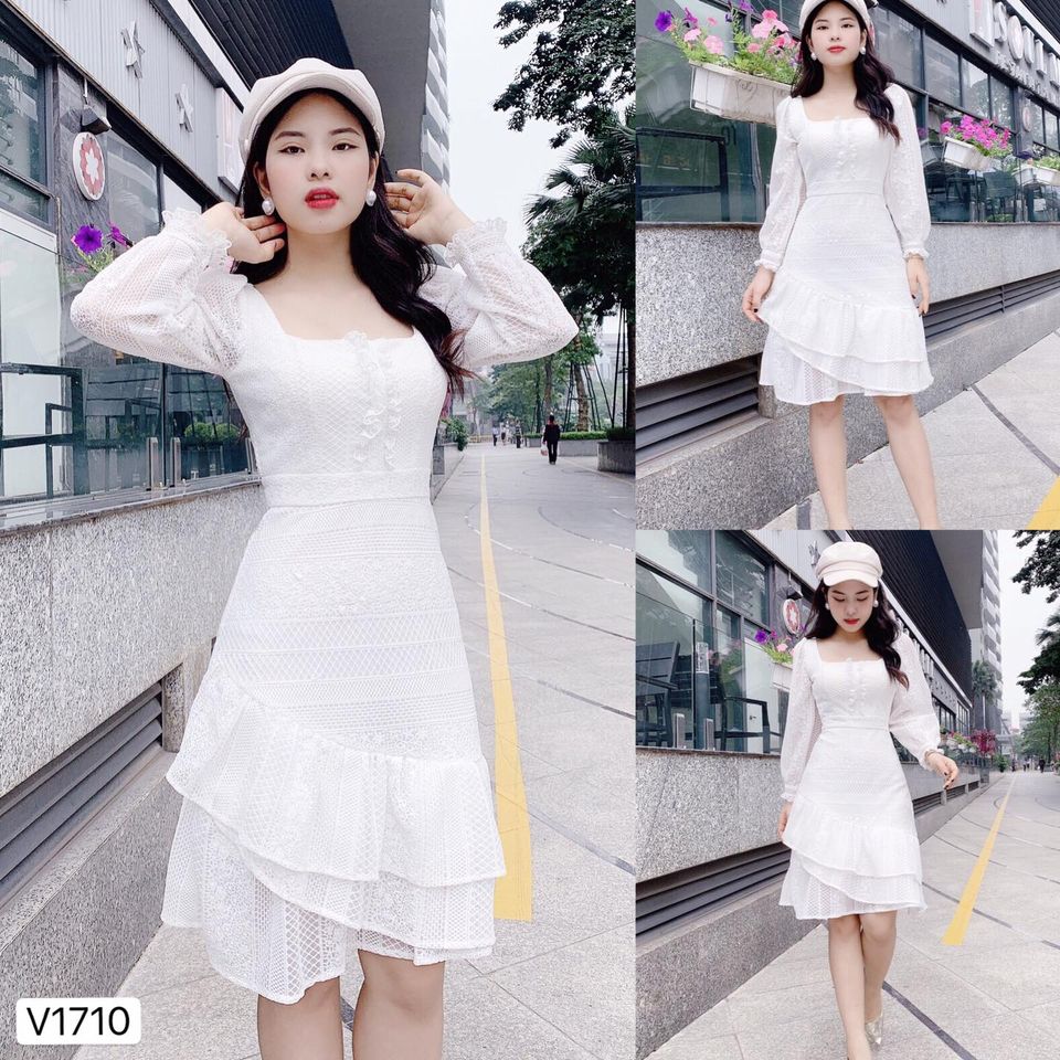 Đầm trắng ren vạt chéo cổ vuông V1710 - Thời Trang Tadi