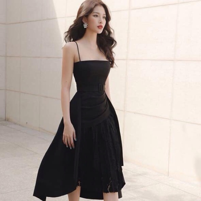 Đầm dự tiệc hai dây đen dáng xoè phối ren chân váy | Shopee Việt Nam