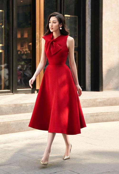 Váy xoè chữ A đẹp sang trọng với màu đỏ quý phái cho nữ