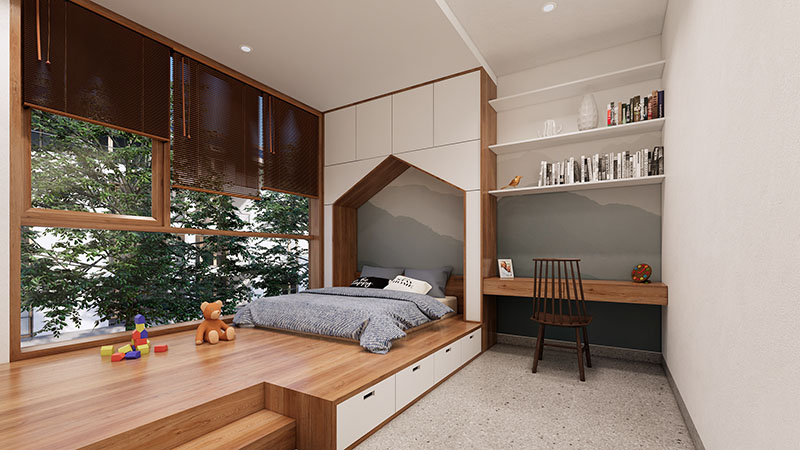 Phòng ngủ được thiết kế trên tầng 2 nhà ống 3 tầng giúp trẻ nhỏ có thêm không gian vui chơi và nghỉ ngơi