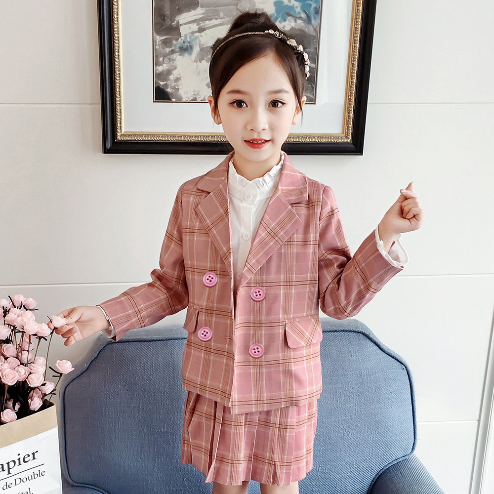 Vest bé gái Hàn Quốc phù hợp với mùa thu 2020 kẻ sọc phù hợp với áo khoác + váy xếp li hai mảnh phù hợp với WQ016 | Shopee Việt Nam