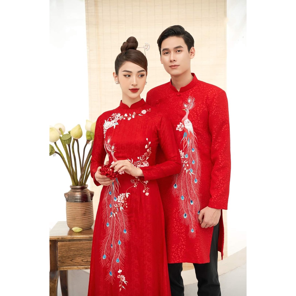Áo dài cưới cặp đôi màu đỏ họa tiết thêu tay chất liệu vải gấm | Shopee Việt Nam