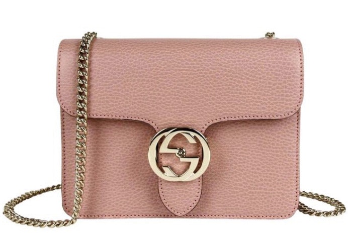 Gucci Interlocking G Shoulder Bag Small Pink in Pebbled Calfskin with Light Gold-tone - US